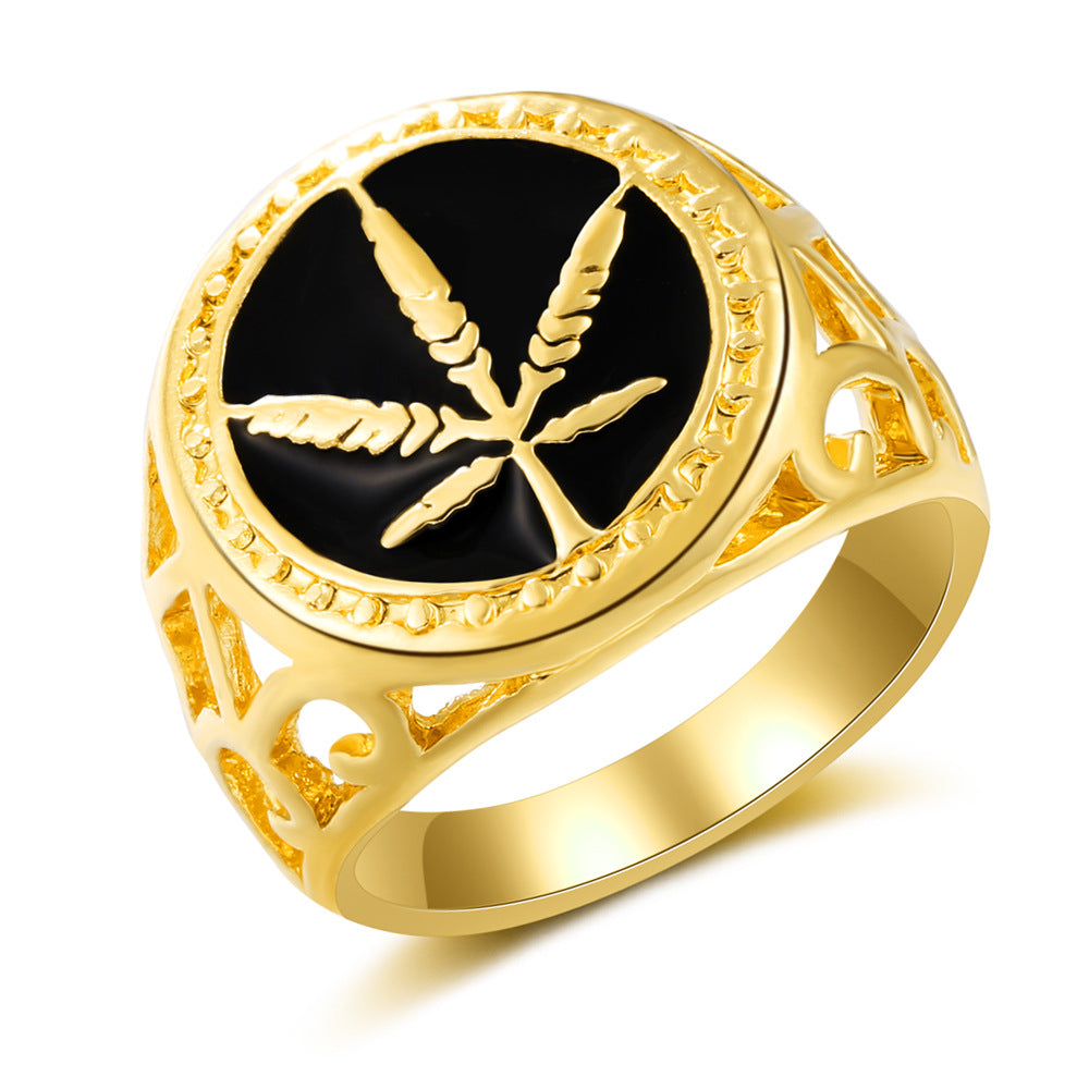 Maple Leaf Drop Oil Gold Plated Rings Unisex Hip Hop Hiphop Rings