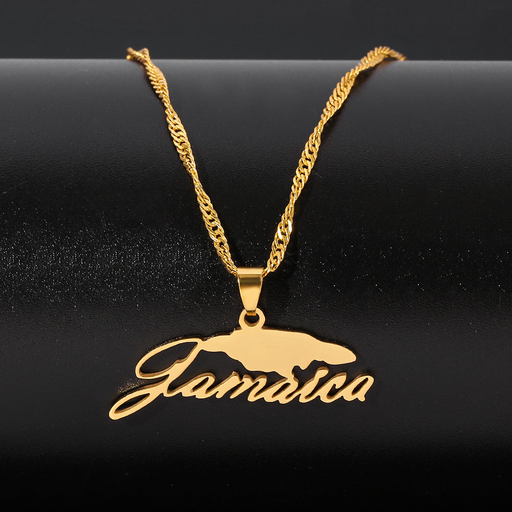 Jamaica Map Necklace With lLetters In Stainless Steel