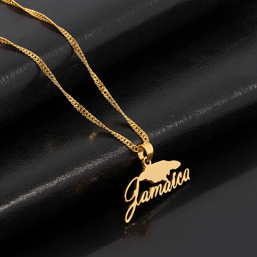 Jamaica Map Necklace With lLetters In Stainless Steel