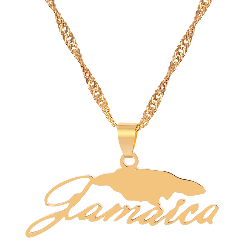 Jamaica Map Necklace With lLetters In Stainless Steel