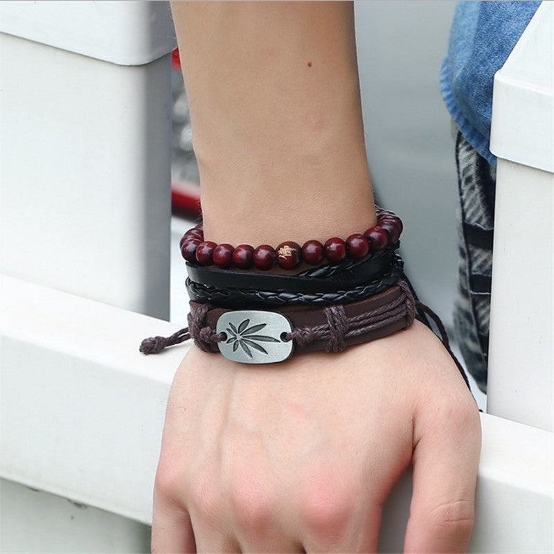 Simple Retro Braided Cowhide Bracelet Alloy Maple Leaf Leather Bracelet Multi-layer Set