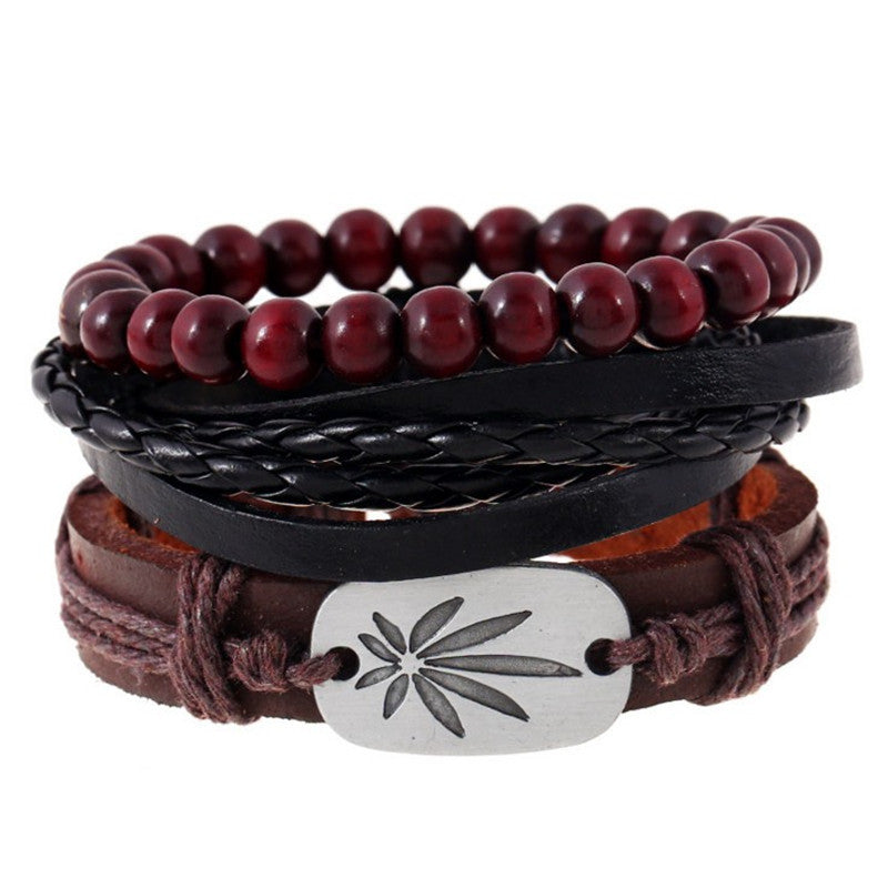 Simple Retro Braided Cowhide Bracelet Alloy Maple Leaf Leather Bracelet Multi-layer Set