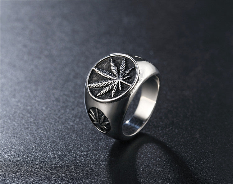 New European And American Hip Hop Reggae Hemp Leaf Men'S Titanium Steel Retro Ring Personalized Jewelry