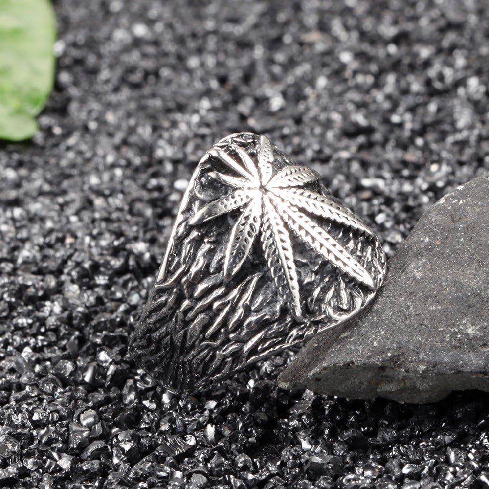 Stainless Steel Ring Retro Titanium Steel Maple Leaf Men'S Jewelry Ring Leaf Ring Jewelry Wholesale