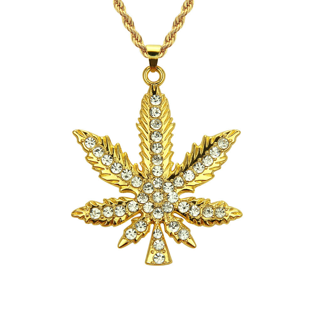 Jewelry Hip Hop Diamond Maple Leaf Pendant Necklace