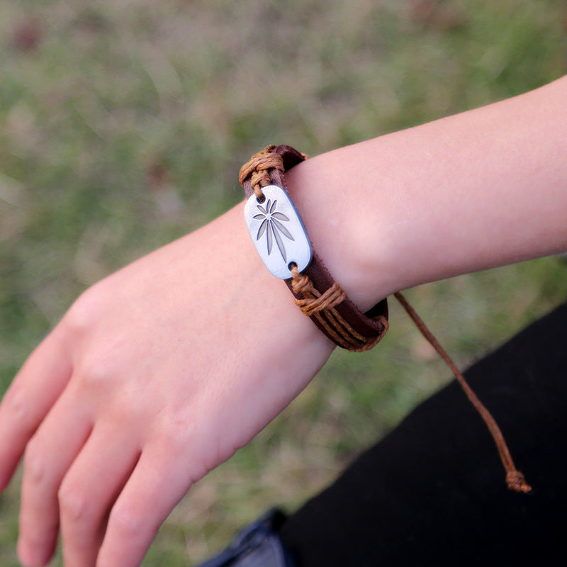 Hand-woven maple leaf leather bracelet