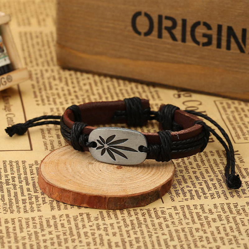 Hand-woven maple leaf leather bracelet