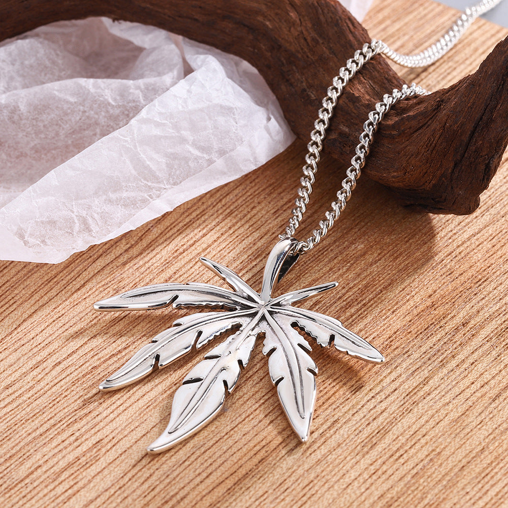 Sterling Silver Maple Leaf Retro Distressed Necklace Men's And Women's Long Sweater Chain