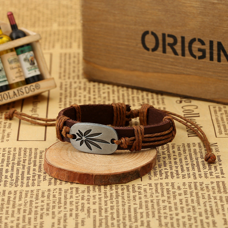 Hand-woven maple leaf leather bracelet