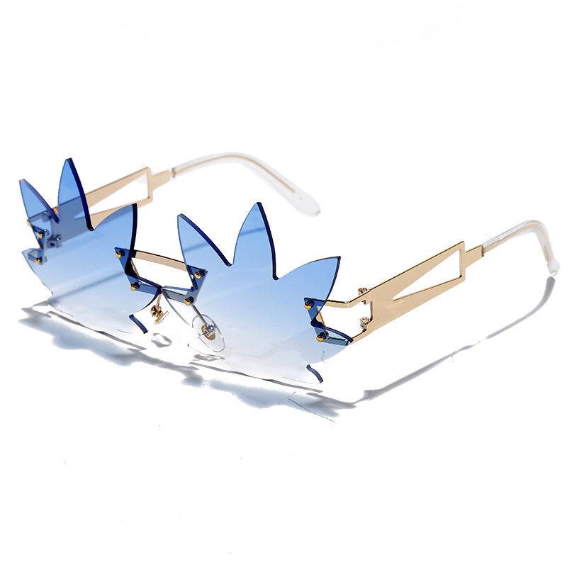 Maple Leaf Sunglasses Rimless Trimmed Lenses Wide-rim Metal Temples