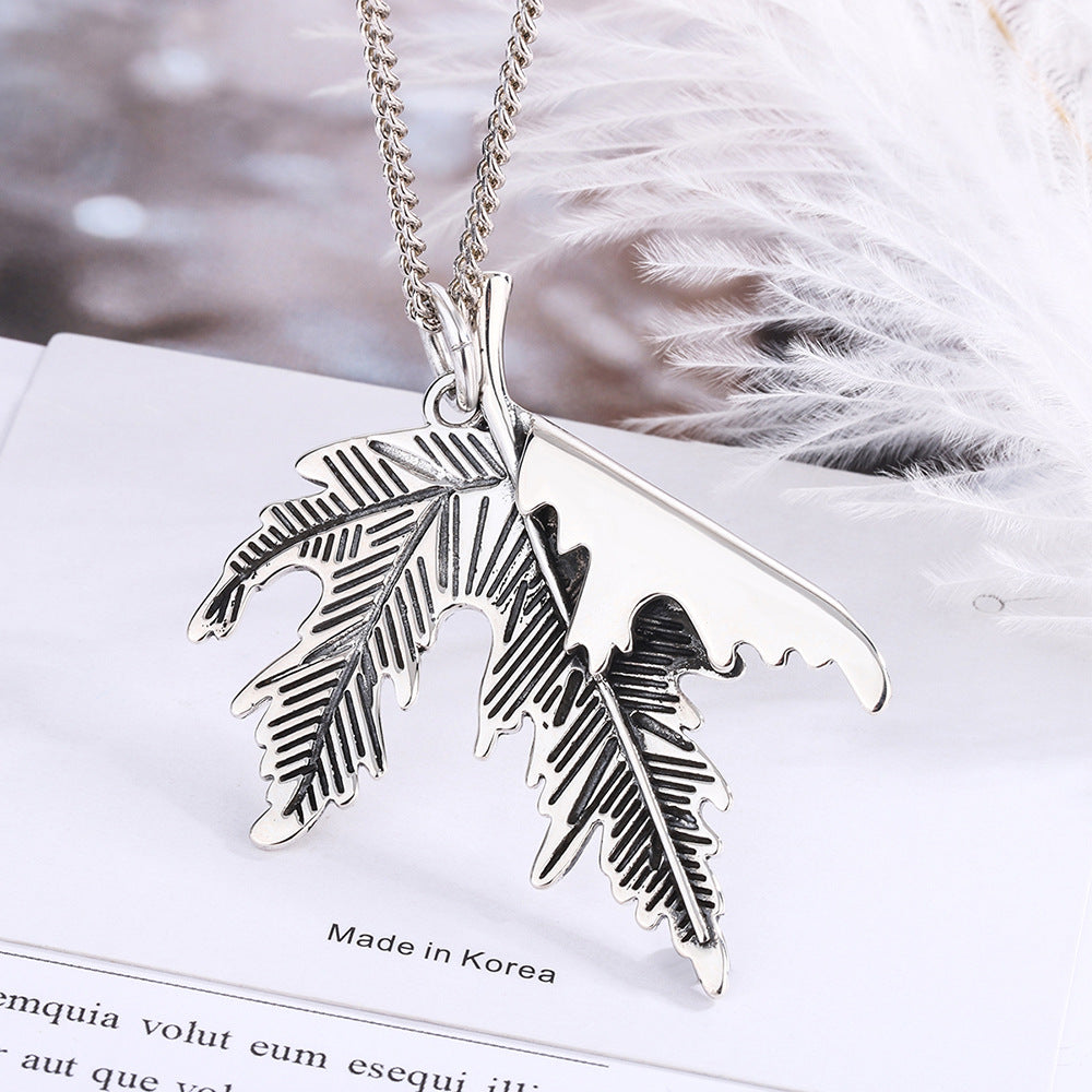 Sterling Silver Maple Leaf Retro Distressed Necklace Men's And Women's Long Sweater Chain