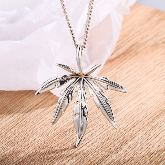 Sterling Silver Maple Leaf Retro Distressed Necklace Men's And Women's Long Sweater Chain