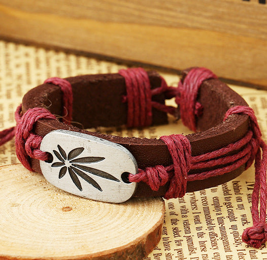 Hand-woven maple leaf leather bracelet