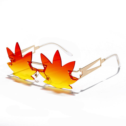 Maple Leaf Sunglasses Rimless Trimmed Lenses Wide-rim Metal Temples