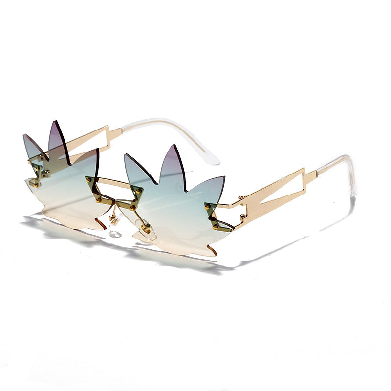 Maple Leaf Sunglasses Rimless Trimmed Lenses Wide-rim Metal Temples