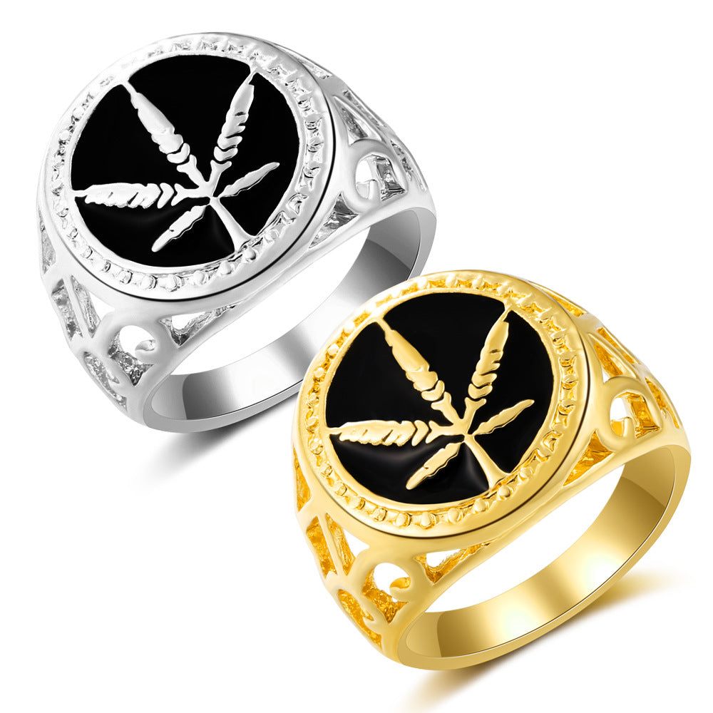 Maple Leaf Drop Oil Gold Plated Rings Unisex Hip Hop Hiphop Rings